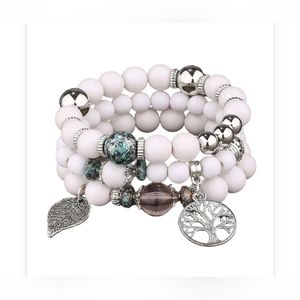 Silver and White Beaded Charm Bracelet Set